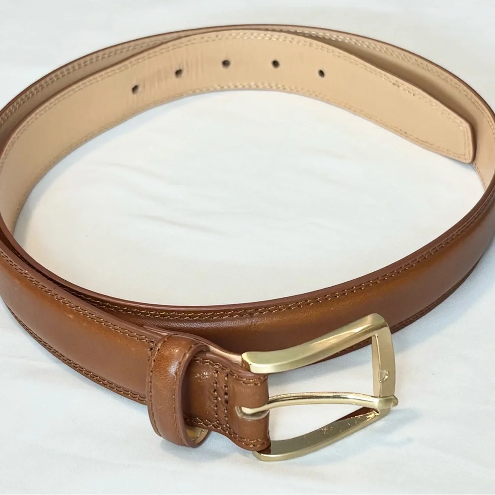 Lands' End Men's Tan Leather Belt with Gold Buckle
